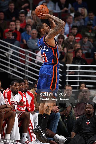 Wilson Chandler of the New York Knicks shoots against the Chicago Bulls during the game on February 16, 2010 at the United Center in Chicago,...