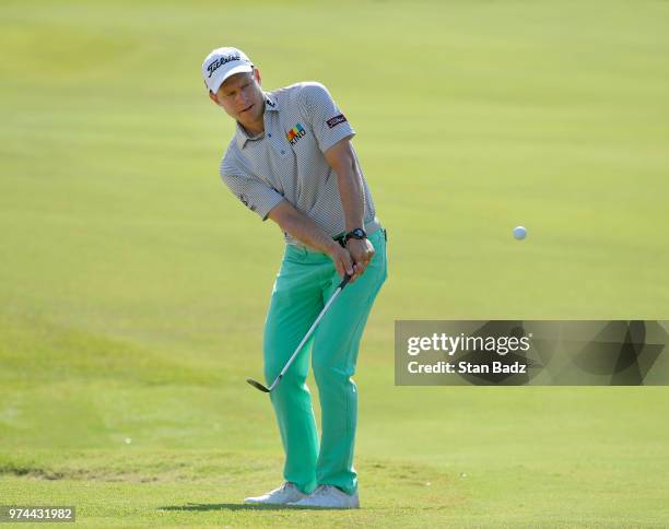 Peter Malnati hits a pitch shot on the 16th hole during the second round of the FedEx St. Jude Classic at TPC Southwind on June 8, 2018 in Memphis,...