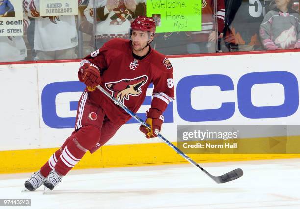 Wojtek Wolski of the Phoenix Coyotes warms up before taking on the Colorado Avalanche a day after they traded him to Phoenix on March 4, 2010 at...