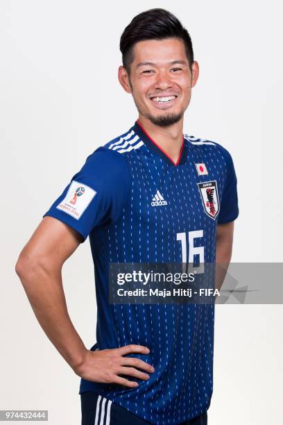 Hotaru Yamaguchi of Japan poses for a portrait during the official FIFA World Cup 2018 portrait session at the FC Rubin Training Grounds on June 14,...