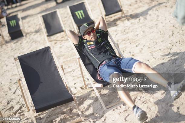Hafizh Syahrin of Malaysia and Monster Yamaha Tech 3 relaxing during the Monster Energy Station party during the MotoGp of Catalunya - Previews at...