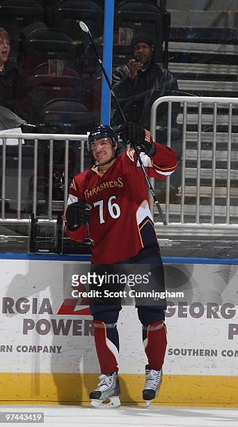 Evgeny Artukhin of the Atlanta Thrashers celebrates after scoring a second-period goal against the New York Islanders at Philips Arena on March 4,...