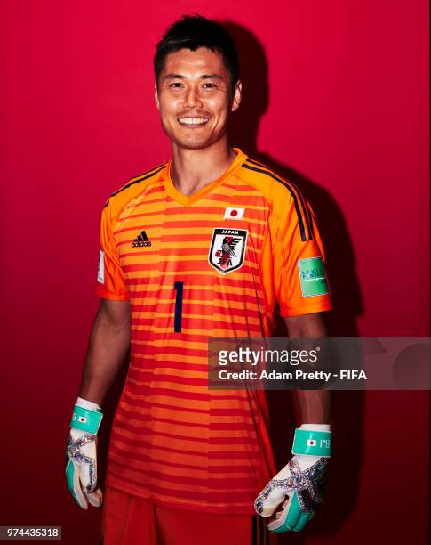 Eiji Kawashima of Japan poses for a portrait during the official FIFA World Cup 2018 portrait session at the FC Rubin Training Grounds on June 14,...