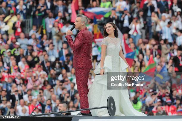 Robbie Wiliams and Aida Garifullina performs during Opening Ceremony of FIFA World Cup 2018 before the group A match between Russia and Saudi Arabia...