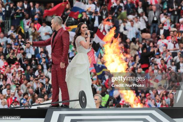 Robbie Wiliams and Aida Garifullina performs during Opening Ceremony of FIFA World Cup 2018 before the group A match between Russia and Saudi Arabia...