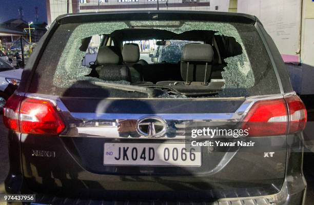Bullet riddled car of Syed Shujaat Bukhari, the editor of Rising Kashmir daily newspaper, killed by unidentified gunmen outside his office on June...