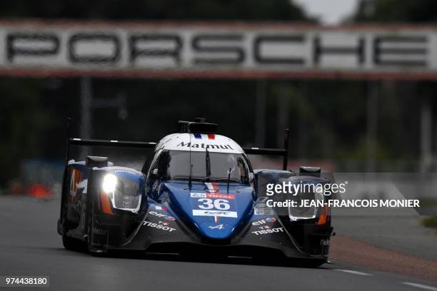 Alpine A470-Gibson French's driver Nicolas Lapierre rides during a qualifying practice session of the 86th edition of the 24 Hours of Le Mans...