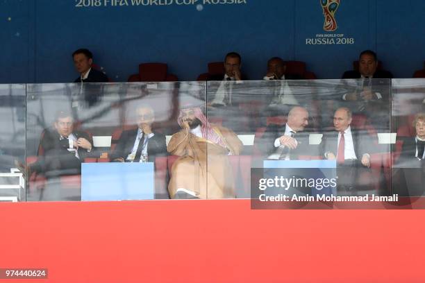 Mohammed bin Salman of Saudi Arabia, FIFA President Gianni Infantino and President Wladimir Putin of Russia look on during the 2018 FIFA World Cup...