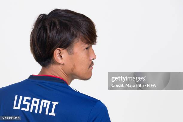 Takashi Usami of Japan poses for a portrait during the official FIFA World Cup 2018 portrait session at the FC Rubin Training Grounds on June 14,...
