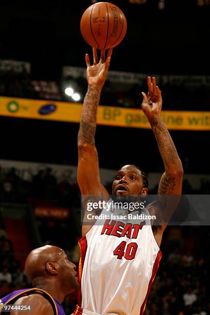 Udonis Haslem of the Miami Heat shoots against the Los Angeles Lakers on March 4, 2010 at American Airlines Arena in Miami, Florida. NOTE TO USER:...