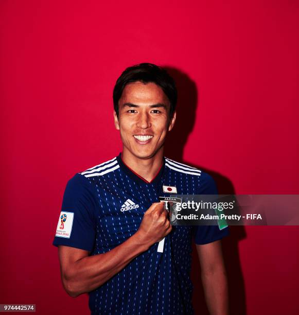 Makoto Hasebe of Japan poses for a portrait during the official FIFA World Cup 2018 portrait session at the FC Rubin Training Grounds on June 14,...