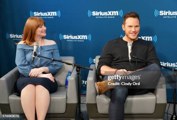 Actors Bryce Dallas Howard and Chris Pratt take part in 'SiriusXM's Town Hall with the cast of 'Jurassic World: Fallen Kingdom' at the SiriusXM...