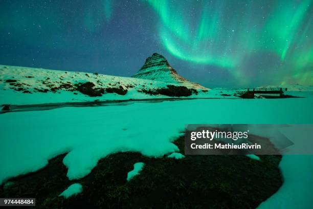 power of nature : amazing northern lights in iceland - snaefellsjokull glacier stock pictures, royalty-free photos & images