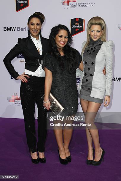 Senna Guemmour, Bahar Kizil and Mandy Capristo, members of the girl band Monrose, arrive at the Echo award 2010 at Messe Berlin on March 4, 2010 in...