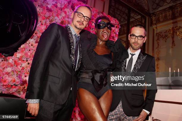 Rolf Snoeren, Grace Jones and Viktor Horsting attends the Victor & Rolf 'Flower Bomb' 5th Anniversary Party at Hotel Meurice on March 4, 2010 in...