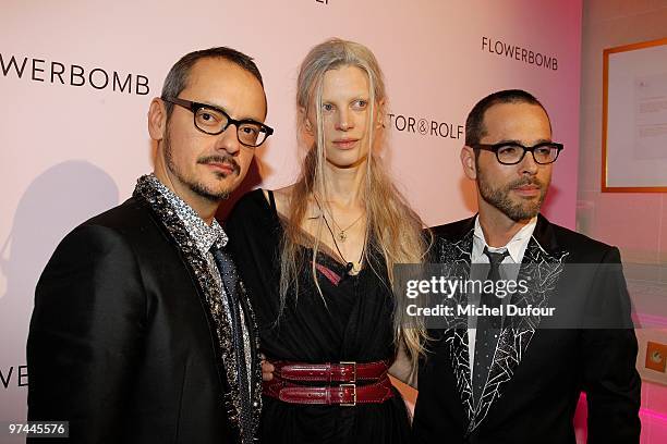 Rolf Snoeren, Kristen McMenamy and Viktor Horsting attends the Victor & Rolf 'Flower Bomb' 5th Anniversary Party at Hotel Meurice on March 4, 2010 in...