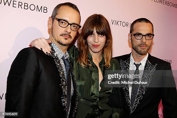 Rolf Snoeren, Lou Doillon and Viktor Horsting attends the Victor & Rolf 'Flower Bomb' 5th Anniversary Party at Hotel Meurice on March 4, 2010 in...