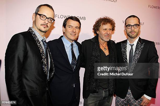 Rolf Snoeren, guest, Renzo Rosso and Viktor Horsting attends the Victor & Rolf 'Flower Bomb' 5th Anniversary Party at Hotel Meurice on March 4, 2010...
