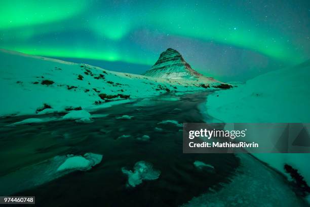 power of nature : amazing northern lights in iceland - snaefellsjokull glacier stock pictures, royalty-free photos & images