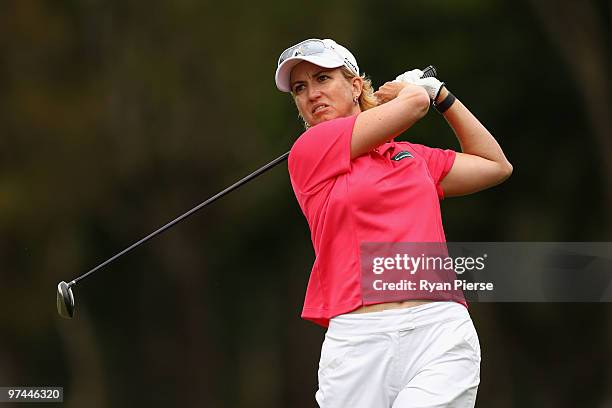 Karrie Webb of Australia plays a fairway wood on the 3rd hole during round two of the 2010 ANZ Ladies Masters at Royal Pines Resort on March 5, 2010...