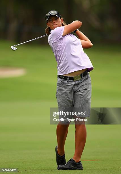 Katherine Hull of Australia plays an approach shot on the 4th hole during round two of the 2010 ANZ Ladies Masters at Royal Pines Resort on March 5,...