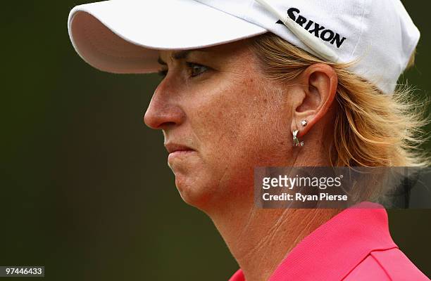 Karrie Webb of Australia walks up the 4th fairway during round two of the 2010 ANZ Ladies Masters at Royal Pines Resort on March 5, 2010 in Gold...