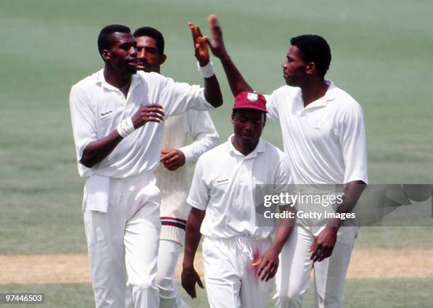 Curtly Ambrose of the West Indies celebrates during a test match between the West Indies and Australia on January 25, 1993.