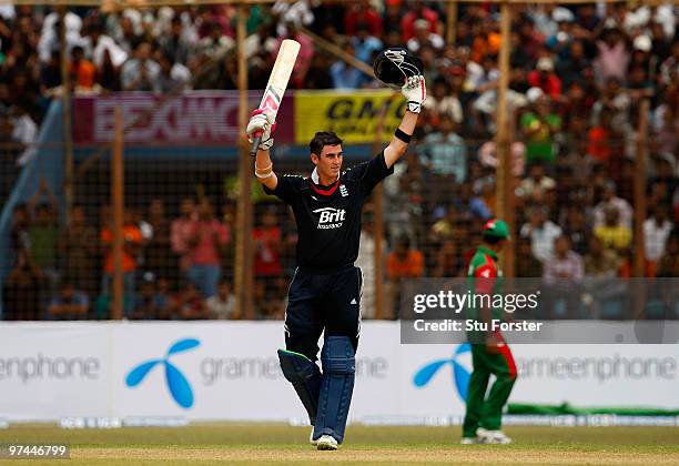 England batsman Craig Kieswetter celebrates after reaching his maiden one day century during the 3rd ODI between Bangladesh and England at Jahur...