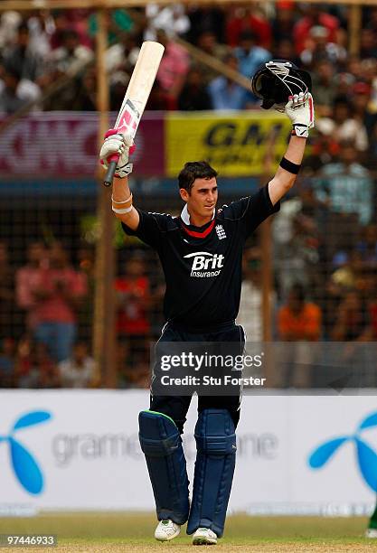 England batsman Craig Kieswetter celebrates after reaching his maiden one day century during the 3rd ODI between Bangladesh and England at Jahur...