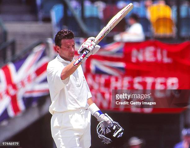 Mark Waugh of Australia celebrates during a Test match in Australia.
