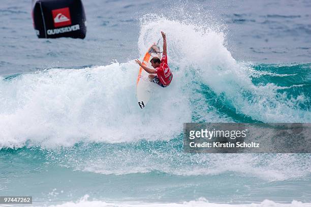 Taj Burrow of Australia surfs to victory at theQuiksilver Pro 2010 as part of the ASP World Tour at Snapper Rocks on March 5, 2010 in Coolangatta,...