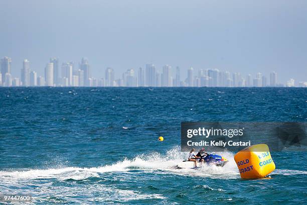 Rosanne Hodge of South Africa rides the jet ski in the Roxy Pro 2010 as part of the ASP World Tour at Snapper Rocks on March 5, 2010 in Coolangatta,...
