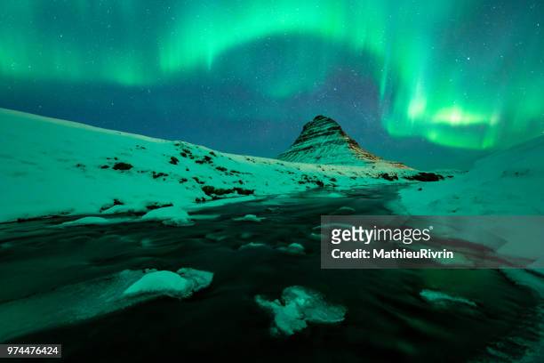 power of nature : amazing northern lights in iceland - snaefellsjokull glacier stock pictures, royalty-free photos & images