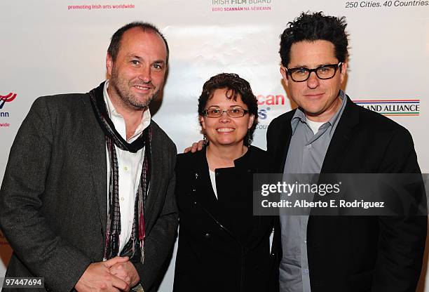 Author Colum McCann, president of the Irish American Alliance Trina Vargo and director/producer/writer J.J. Abrams attend the 5th Annual 'Oscar...