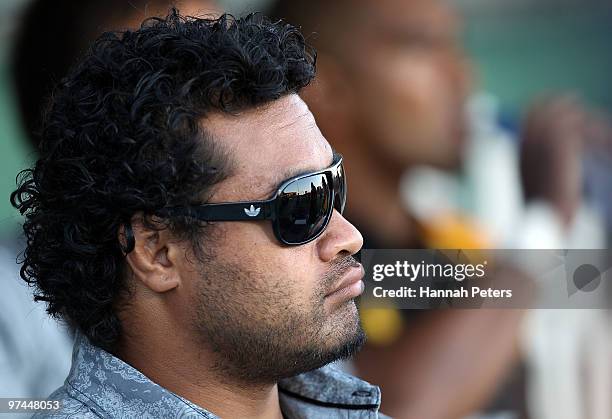 Sione Lauaki of the Chiefs sits on the bench after being suspended for two weeks during the round four Super 14 match between the Chiefs and the Reds...