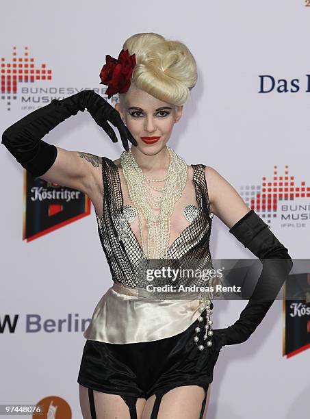 Model dressed in dessous arrives at the Echo award 2010 at Messe Berlin on March 4, 2010 in Berlin, Germany.