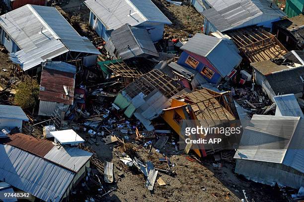 Aerial view taken on March 4 of the damages caused by the tsunami in Tubul, 50 km away from Concepcion, Chile, after the quake that hit the country...