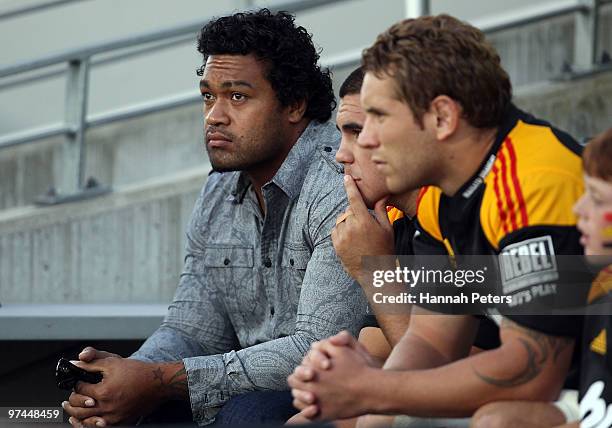 Sione Lauaki of the Chiefs sits on the bench after being suspended for two weeks during the round four Super 14 match between the Chiefs and the Reds...