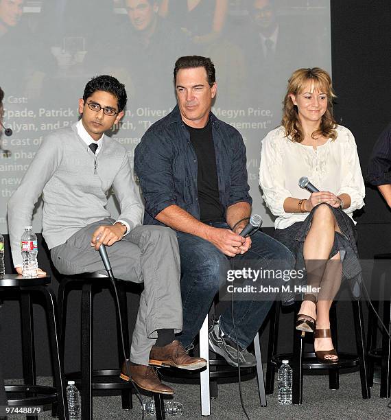 Actors Adhir Kalyan, Patrick Warburton, and Megyn Price attend the CBS "Rules Of Engagement" meet the cast event at the Apple Store Third Street...