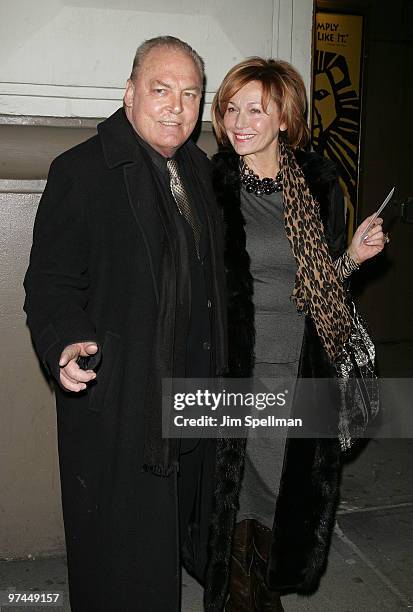 Actor Stacy Keach and wife attend the opening night of "A Behanding In Spokane" on Broadway at the Gerald Schoenfeld Theatre on March 4, 2010 in New...