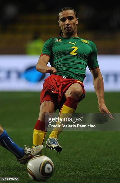 Benoit Assou Ekotto of Cameroon in action during the International Friendly match between Italy and Cameroon at Louis II Stadium on March 3, 2010 in...
