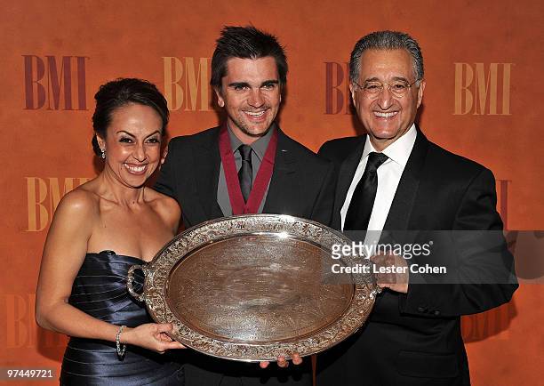 Vice President Delia Orjuela, Juanes and BMI President & CEO Del Bryant arrive at the 2010 BMI Latin Awards at the Bellagio on March 4, 2010 in Las...