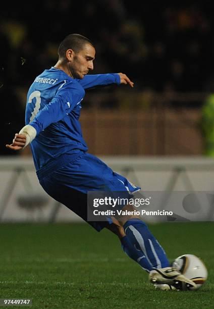 Leonardo Bonucci of Italy in action during the International Friendly match between Italy and Cameroon at Louis II Stadium on March 3, 2010 in...