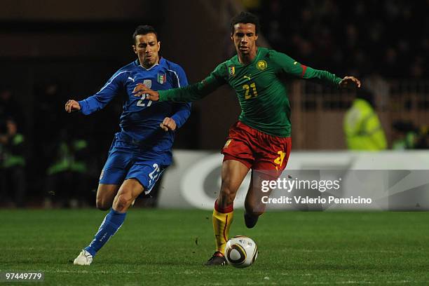 Fabio Quagliarella of Italy battles for the ball with Joel Matip of Cameroon during the International Friendly match between Italy and Cameroon at...