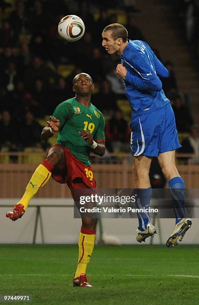 Giorgio Chiellini of Italy scores a goal before canceling during the International Friendly match between Italy and Cameroon at Louis II Stadium on...