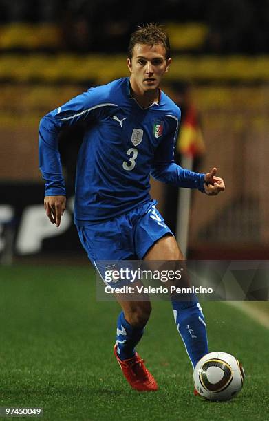 Domenico Criscito of Italy in action during the International Friendly match between Italy and Cameroon at Louis II Stadium on March 3, 2010 in...