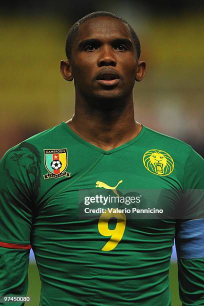 Samuel Eto o of Cameroon looks on prior to the International Friendly match between Italy and Cameroon at Louis II Stadium on March 3, 2010 in...