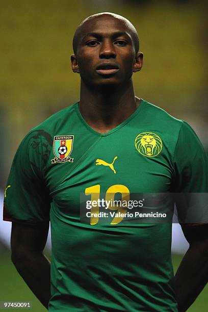 Stephane Mbia of Cameroon looks on prior to the International Friendly match between Italy and Cameroon at Louis II Stadium on March 3, 2010 in...