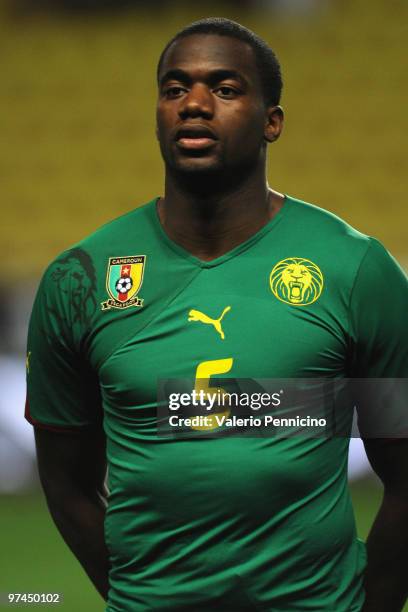 Sebastien Bassong of Cameroon looks on prior to the International Friendly match between Italy and Cameroon at Louis II Stadium on March 3, 2010 in...