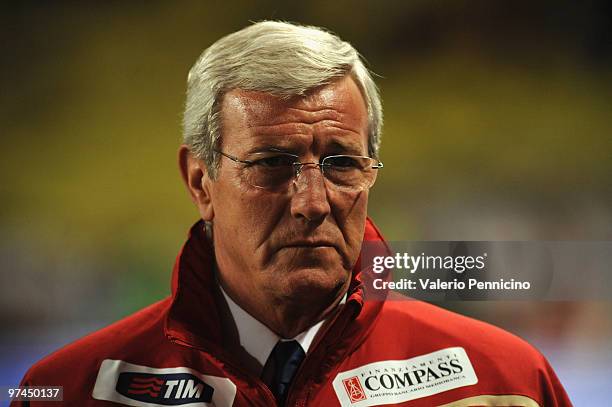 Italy head coach Marcello Lippi looks on during the International Friendly match between Italy and Cameroon at Louis II Stadium on March 3, 2010 in...